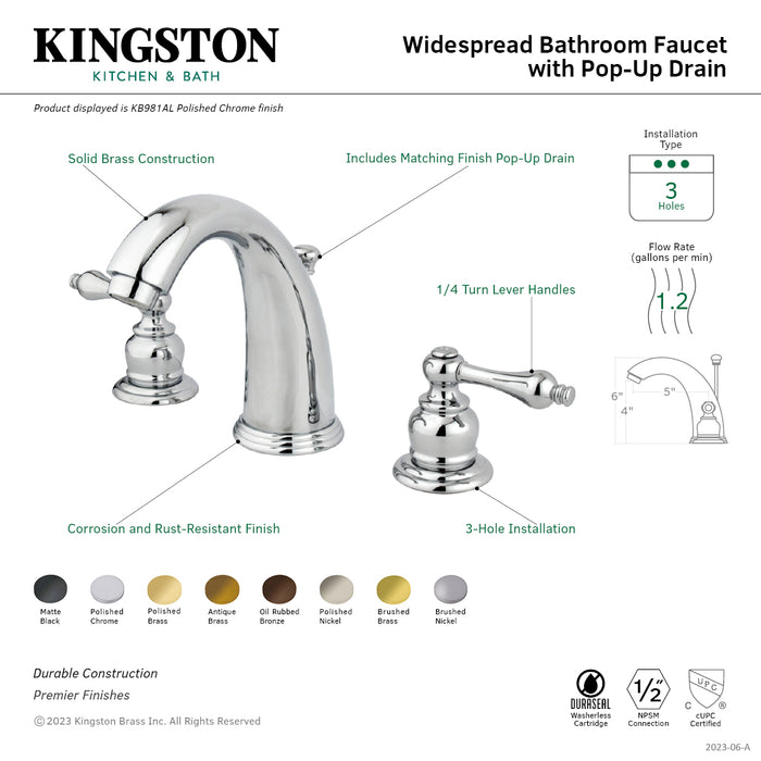 Kingston Heirloom KB988AL - Victorian Two-Handle 3-Hole Deck Mount Widespread Bathroom Faucet with Pop-Up Drain, Brushed Nickel