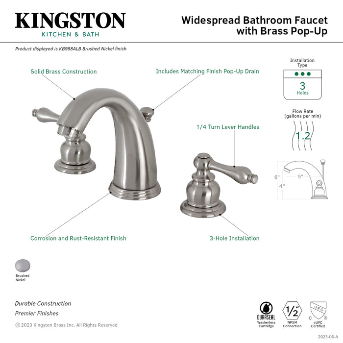 Kingston Heirloom KB988ALB - Victorian Two-Handle 3-Hole Deck Mount Widespread Bathroom Faucet with Brass Pop-Up, Brushed Nickel
