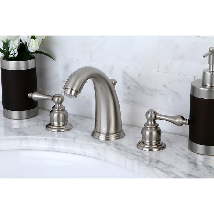Kingston Heirloom KB988ALB - Victorian Two-Handle 3-Hole Deck Mount Widespread Bathroom Faucet with Brass Pop-Up, Brushed Nickel