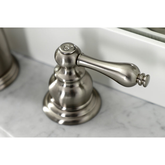 Kingston Heirloom KB988ALB - Victorian Two-Handle 3-Hole Deck Mount Widespread Bathroom Faucet with Brass Pop-Up, Brushed Nickel