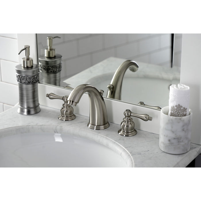 Kingston Heirloom KB988ALB - Victorian Two-Handle 3-Hole Deck Mount Widespread Bathroom Faucet with Brass Pop-Up, Brushed Nickel