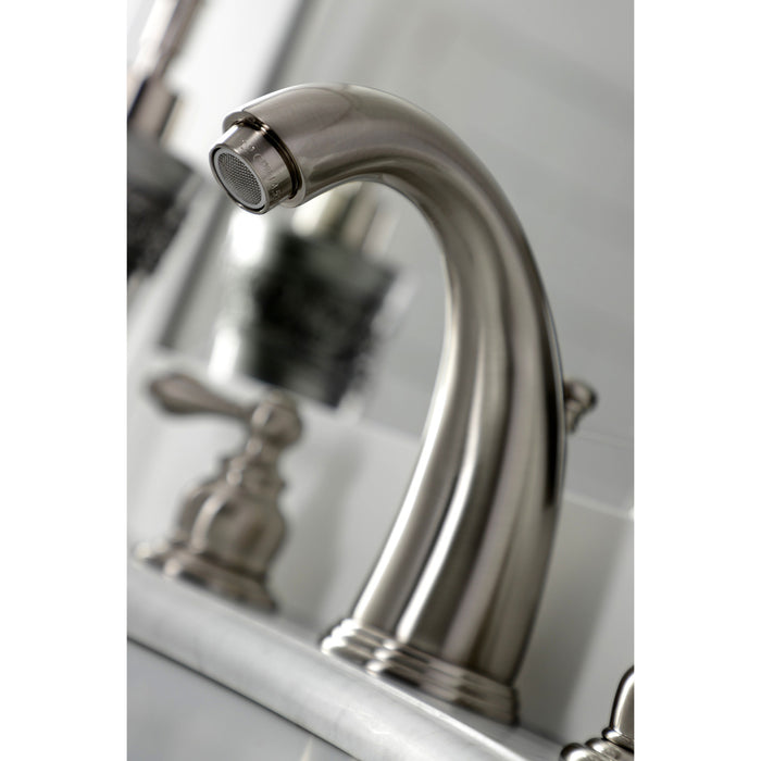 Kingston Heirloom KB988ALB - Victorian Two-Handle 3-Hole Deck Mount Widespread Bathroom Faucet with Brass Pop-Up, Brushed Nickel