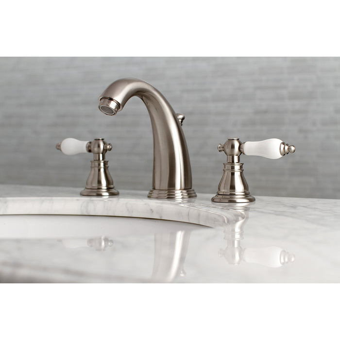 Kingston Heirloom KB988APL - American Patriot Two-Handle 3-Hole Deck Mount Widespread Bathroom Faucet with Pop-Up Drain, Brushed Nickel