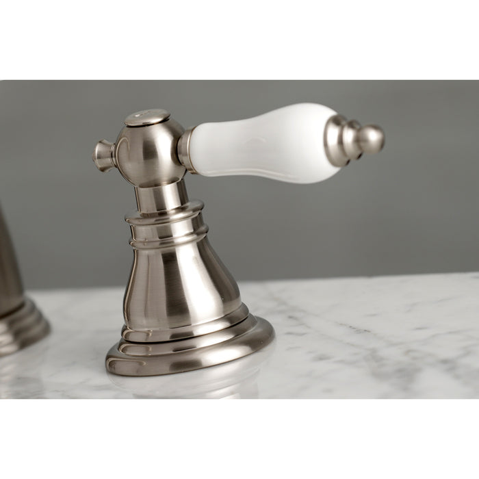 Kingston Heirloom KB988APL - American Patriot Two-Handle 3-Hole Deck Mount Widespread Bathroom Faucet with Pop-Up Drain, Brushed Nickel