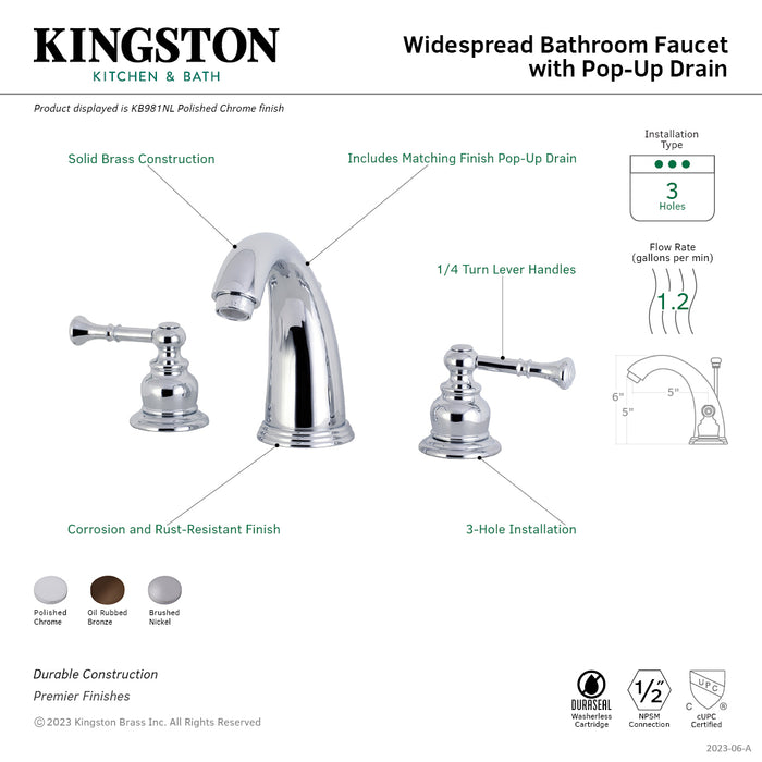 Kingston Tulare KB988NL - Naples Two-Handle 3-Hole Deck Mount Widespread Bathroom Faucet with Pop-Up Drain, Brushed Nickel