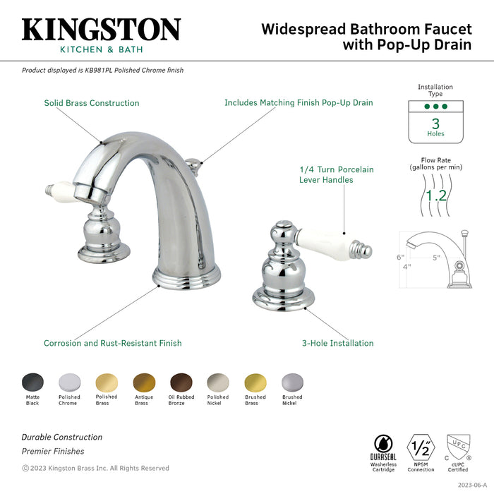 Kingston Heirloom KB988PL - Victorian Two-Handle 3-Hole Deck Mount Widespread Bathroom Faucet with Pop-Up Drain, Brushed Nickel