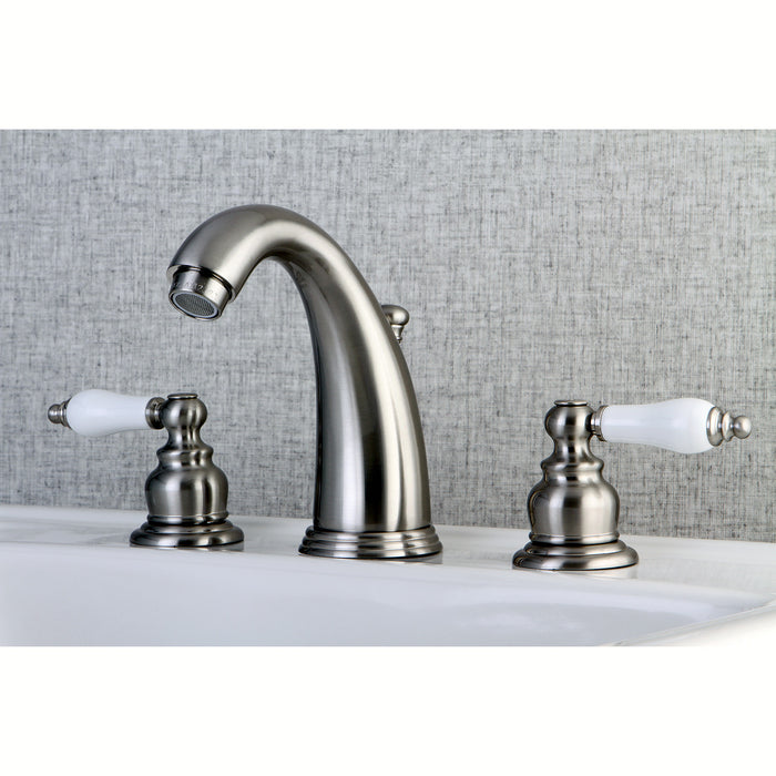 Kingston Heirloom KB988PL - Victorian Two-Handle 3-Hole Deck Mount Widespread Bathroom Faucet with Pop-Up Drain, Brushed Nickel