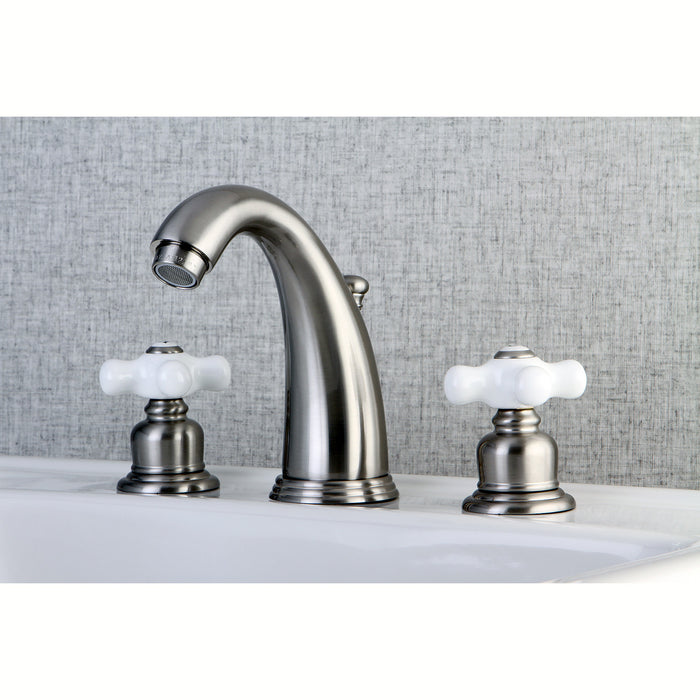 Kingston Heirloom KB988PX - Victorian Two-Handle 3-Hole Deck Mount Widespread Bathroom Faucet with Pop-Up Drain, Brushed Nickel