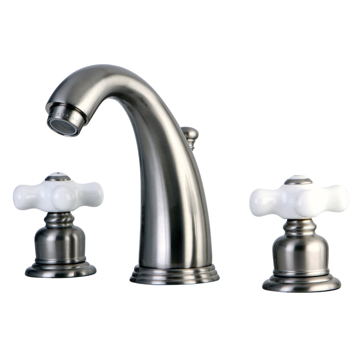 Victorian KB988PX Two-Handle 3-Hole Deck Mount Widespread Bathroom Faucet with Plastic Pop-Up, Brushed Nickel