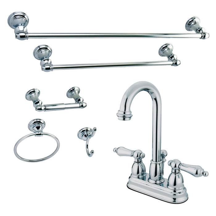 Kingston Heirloom KBK3611ALDouble-Handle 3-Hole Deck Mount 4-Inch Centerset Bathroom Faucet with 5-Piece Bathroom Accessories Kit, Polished Chrome
