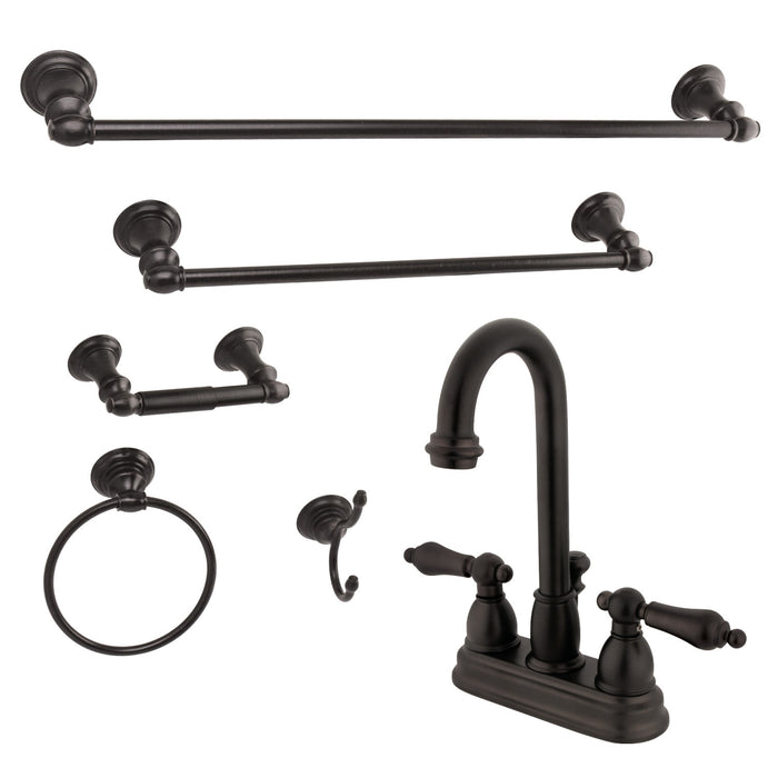 Kingston Heirloom KBK3615ALDouble-Handle 3-Hole Deck Mount 4-Inch Centerset Bathroom Faucet with 5-Piece Bathroom Accessories Kit, Oil Rubbed Bronze