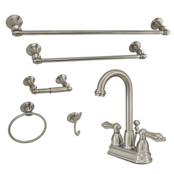 Kingston Heirloom KBK3618ALDouble-Handle 3-Hole Deck Mount 4-Inch Centerset Bathroom Faucet with 5-Piece Bathroom Accessories Kit, Brushed Nickel