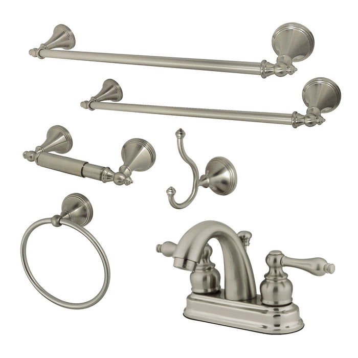Kingston Heirloom KBK5618ALDouble-Handle 3-Hole Deck Mount 4-Inch Centerset Bathroom Faucet with 5-Piece Bathroom Accessories Kit, Brushed Nickel