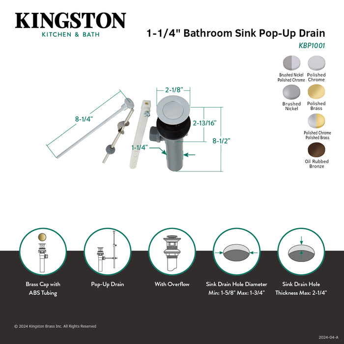 Kingston KBP1004 Plastic Pop-Up Bathroom Sink Drain with Overflow, Polished Chrome/Polished Brass