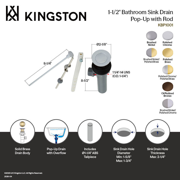 Kingston KBP1005 Plastic Pop-Up Bathroom Sink Drain with Overflow, Oil Rubbed Bronze