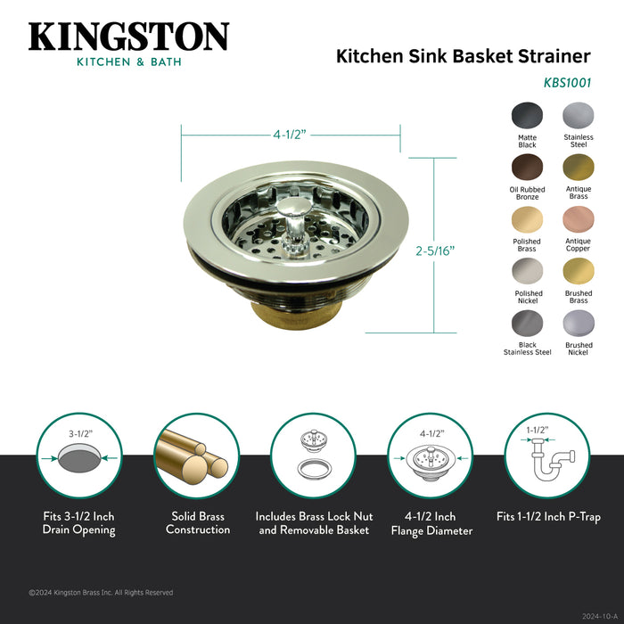 Kingston Made To Match KBS1002 3-1/2 Inch Kitchen Sink Basket Strainer Only, Polished Brass