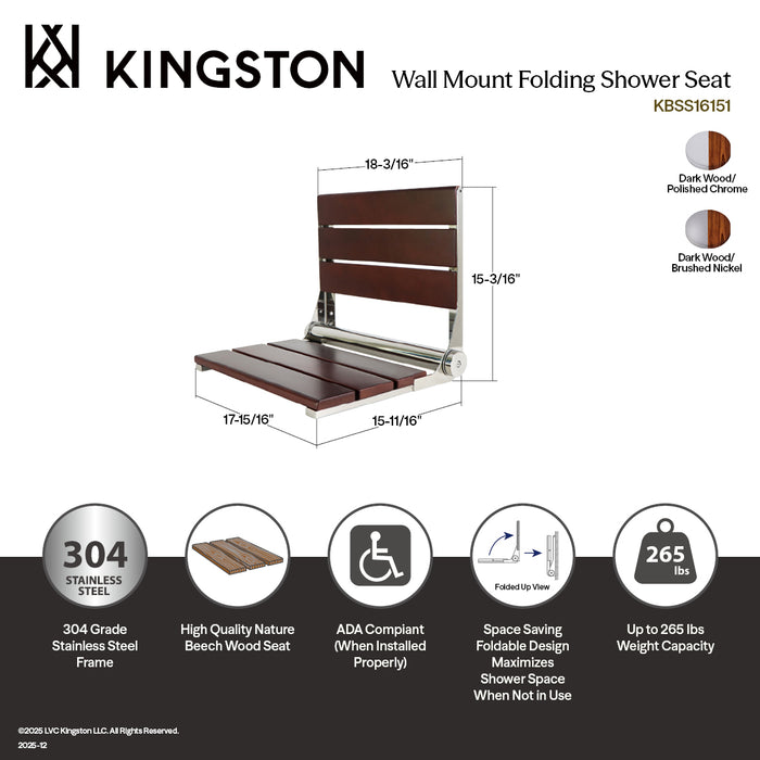 Kingston Soutien KBSS16158 3-Slat Shower Seat, Dark Wood/Brushed Nickle