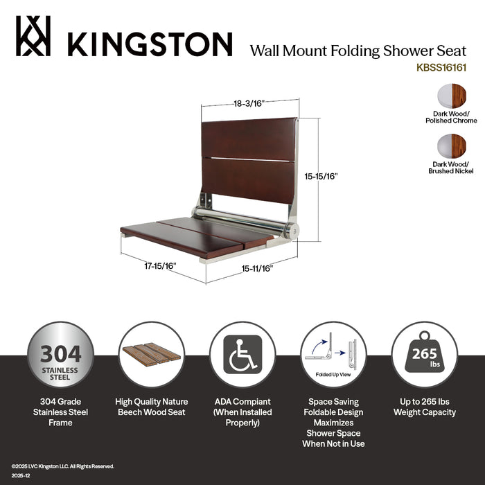Kingston Soutien KBSS16161 2-Slat Shower Seat, Dark Wood/Polished Chrome