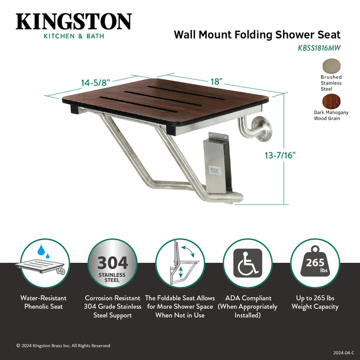 ADAscape Thrive In Place KBSS1816MW 18-Inch X 16-Inch Wall Mount Fold Down Shower Seat, Dark Mahogany Wood Grain/Stainless Steel