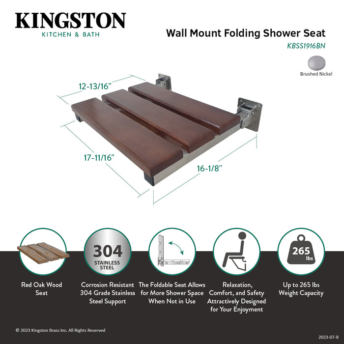 Kingston Tulare KBSS1916BN - Chaise 19-Inch x 16-Inch Wall Mount Fold Down Shower Seat, Brushed Nickel