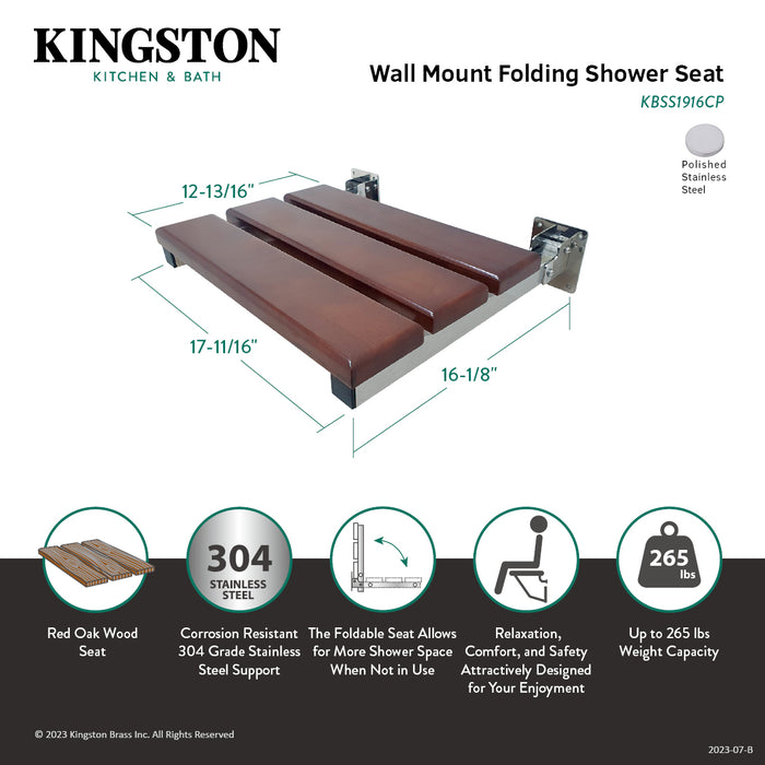 Kingston Tulare KBSS1916CP - Chaise 19-Inch x 16-Inch Wall Mount Fold Down Shower Seat, Polished Stainless Steel