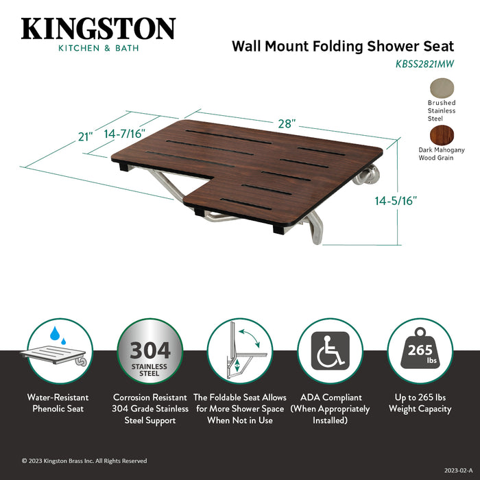 Kingston Tulare KBSS2821MW - ADAscape 28-Inch X 21-Inch Wall Mount Fold Down Shower Seat, Dark Mahogany Wood Grain/Stainless Steel