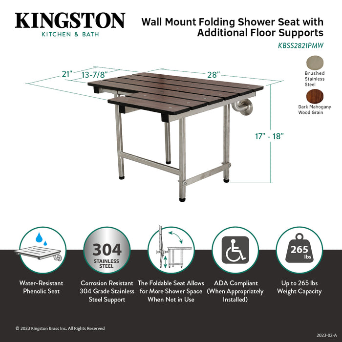 Kingston Tulare KBSS2821PMW - ADAscape 28-Inch X 21-Inch Wall Mount Fold Down Shower Seat with Leg Supports, Dark Mahogany Wood Grain/Stainless Steel