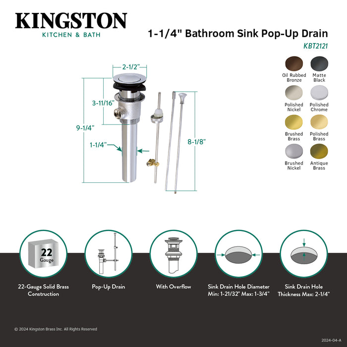 Kingston Made To Match KBT2123 Brass Pop-Up Bathroom Sink Drain with Overflow, 22 Gauge, Antique Brass