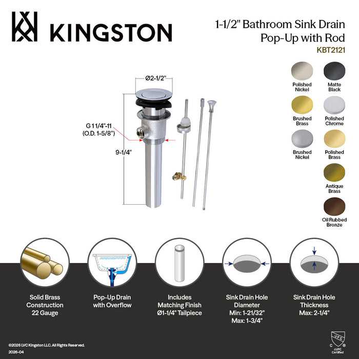 Kingston Made To Match KBT2123 Brass Pop-Up Bathroom Sink Drain with Overflow, 22 Gauge, Antique Brass