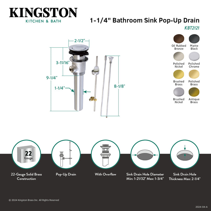 Made To Match KBT2128 Brass Pop-Up Bathroom Sink Drain with Overflow, 22 Gauge, Brushed Nickel