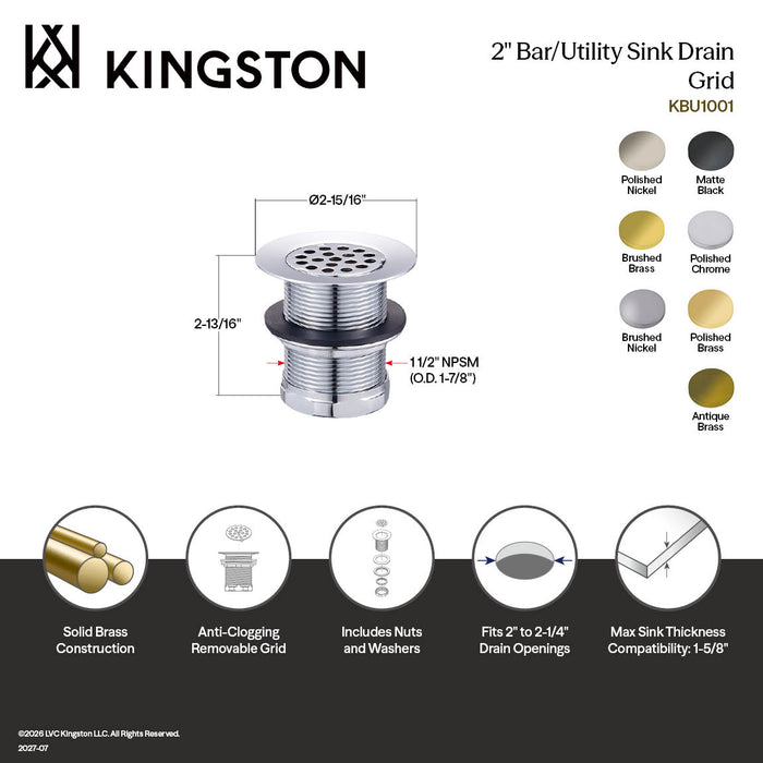 Kingston Tulare KBU1003 - Seattle 2-Inch Brass Grid Bar/Utility Sink Basket Strainer, Antique Brass