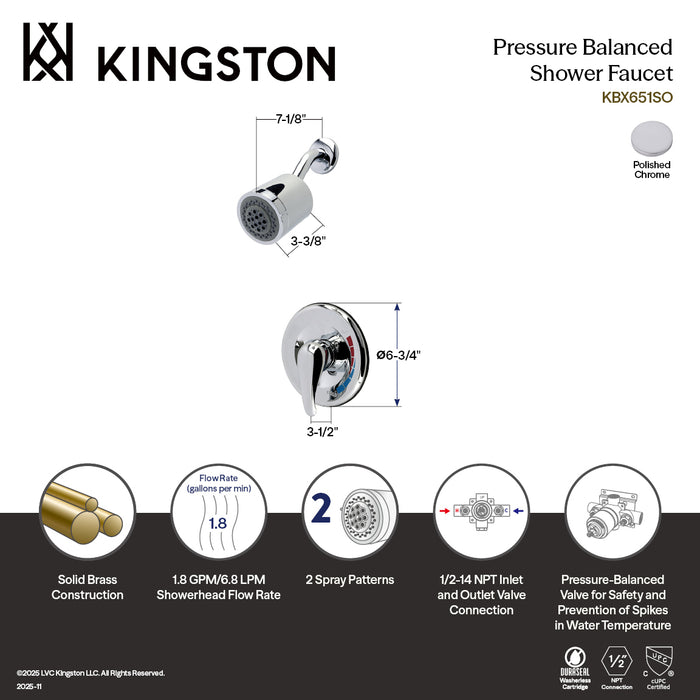 Kingston Tulare KBX651SOSingle-Handle Pressure Balanced Shower Faucet, Polished Chrome