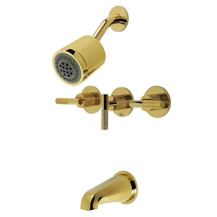 Kingston Sona KBX8132KNL - Convergent Triple-Handle Tub and Shower Faucet with Knurled Handle, Polished Brass