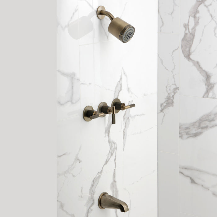 Kingston Sona KBX8133KNL - Convergent Triple-Handle Tub and Shower Faucet with Knurled Handle, Antique Brass