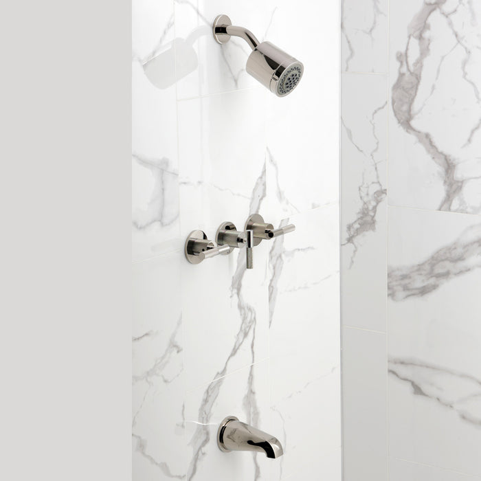 Kingston Sona KBX8136KNL - Convergent Triple-Handle Tub and Shower Faucet with Knurled Handle, Polished Nickel