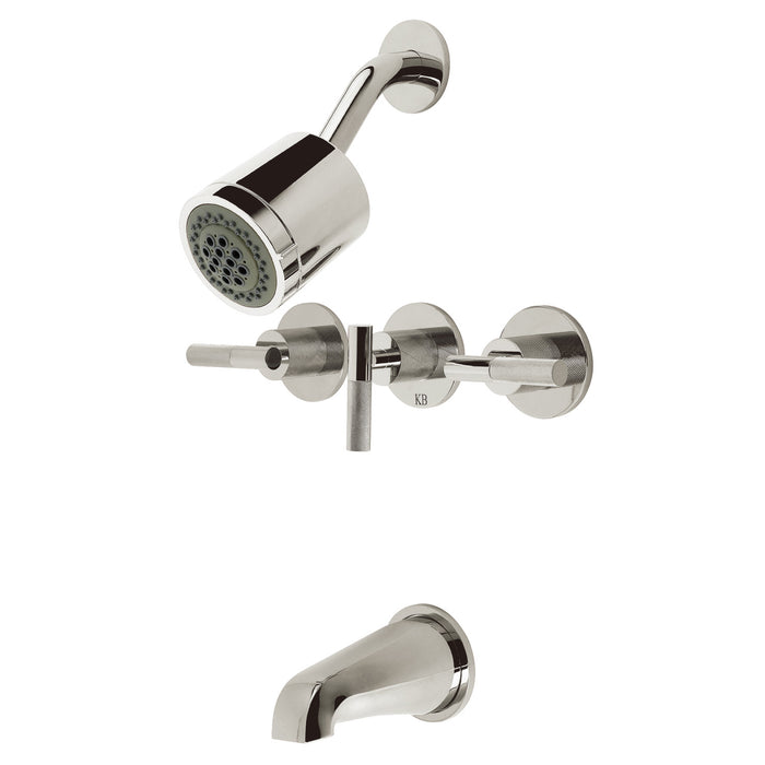 Kingston Sona KBX8136KNL - Convergent Triple-Handle Tub and Shower Faucet with Knurled Handle, Polished Nickel