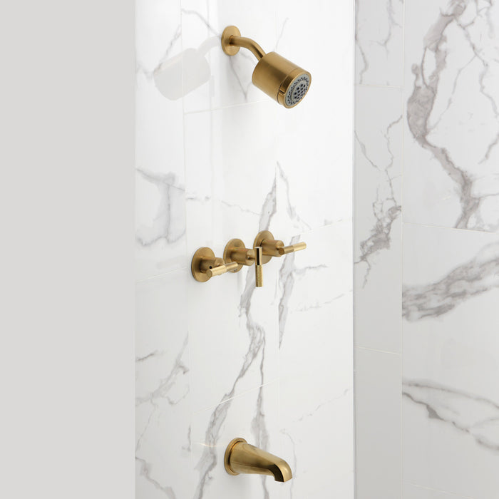 Kingston Sona KBX8137KNL - Convergent Triple-Handle Tub and Shower Faucet with Knurled Handle, Brushed Brass