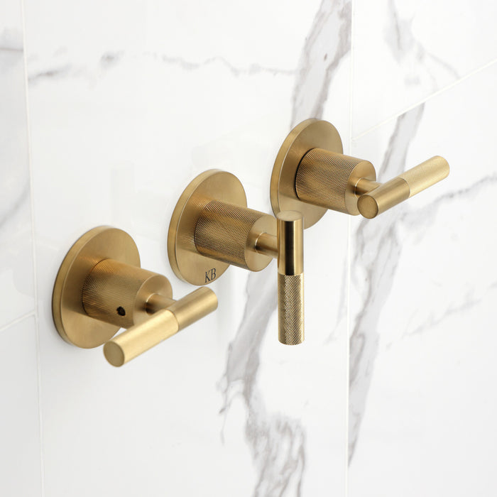 Kingston Sona KBX8137KNL - Convergent Triple-Handle Tub and Shower Faucet with Knurled Handle, Brushed Brass