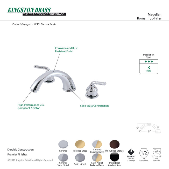Kingston Tulare KC369 - Magellan Two-Handle 3-Hole Deck Mount Roman Tub Faucet, Brushed Nickel/Polished Brass