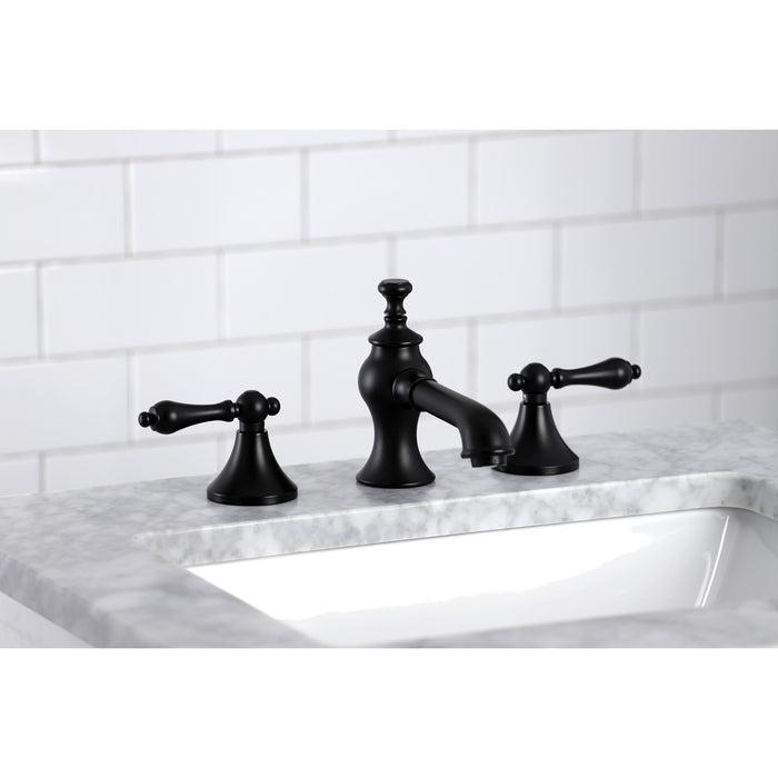 Kingston Tulare KC7060AL - Vintage Two-Handle 3-Hole Deck Mount Widespread Bathroom Faucet with Brass Pop-Up, Matte Black