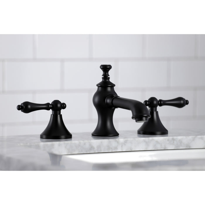 Kingston Tulare KC7060AL - Vintage Two-Handle 3-Hole Deck Mount Widespread Bathroom Faucet with Brass Pop-Up, Matte Black