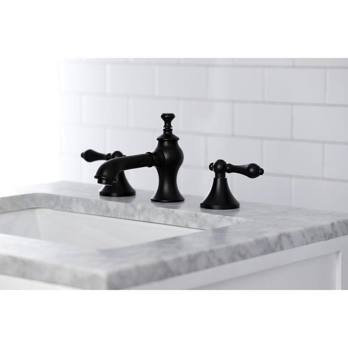 Kingston Tulare KC7060AL - Vintage Two-Handle 3-Hole Deck Mount Widespread Bathroom Faucet with Brass Pop-Up, Matte Black