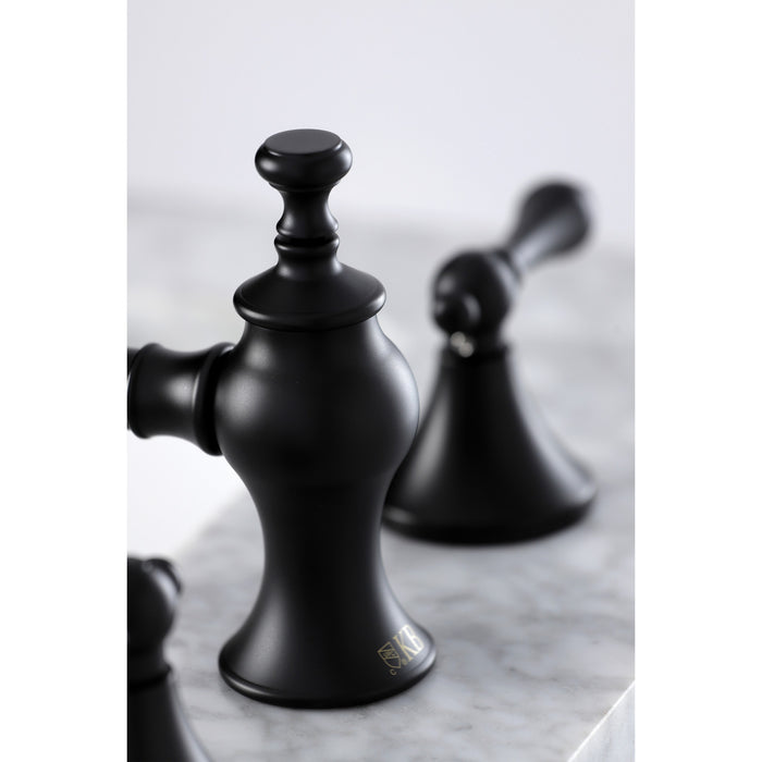 Kingston Tulare KC7060AL - Vintage Two-Handle 3-Hole Deck Mount Widespread Bathroom Faucet with Brass Pop-Up, Matte Black