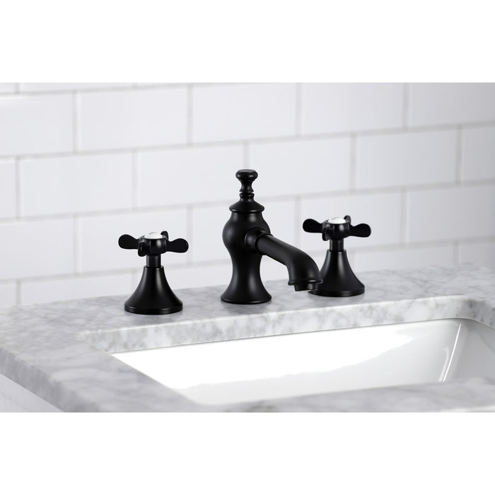 Kingston Tulare KC7060BEX - Essex Two-Handle 3-Hole Deck Mount Widespread Bathroom Faucet with Brass Pop-Up, Matte Black