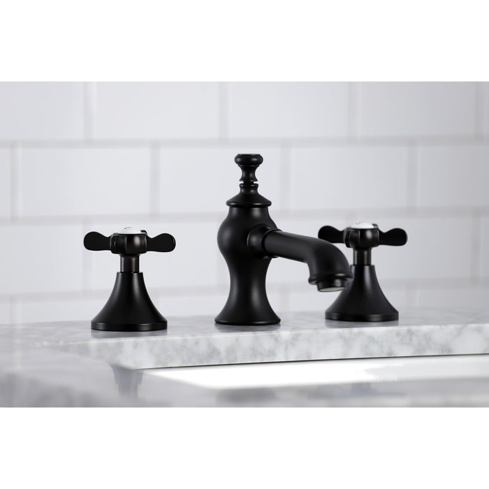 Kingston Tulare KC7060BEX - Essex Two-Handle 3-Hole Deck Mount Widespread Bathroom Faucet with Brass Pop-Up, Matte Black