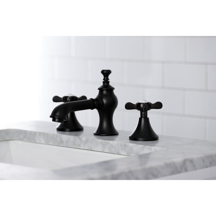 Kingston Tulare KC7060BEX - Essex Two-Handle 3-Hole Deck Mount Widespread Bathroom Faucet with Brass Pop-Up, Matte Black