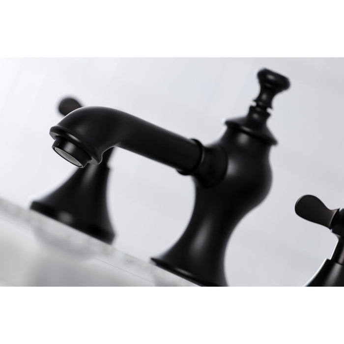 Kingston Tulare KC7060BEX - Essex Two-Handle 3-Hole Deck Mount Widespread Bathroom Faucet with Brass Pop-Up, Matte Black