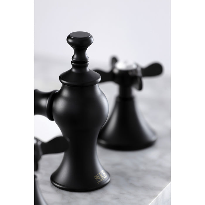 Kingston Tulare KC7060BEX - Essex Two-Handle 3-Hole Deck Mount Widespread Bathroom Faucet with Brass Pop-Up, Matte Black