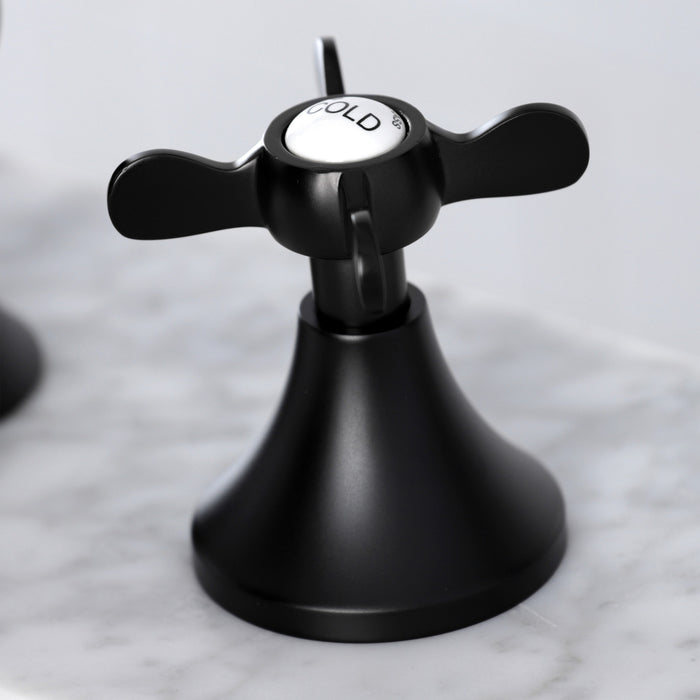 Kingston Tulare KC7060BEX - Essex Two-Handle 3-Hole Deck Mount Widespread Bathroom Faucet with Brass Pop-Up, Matte Black