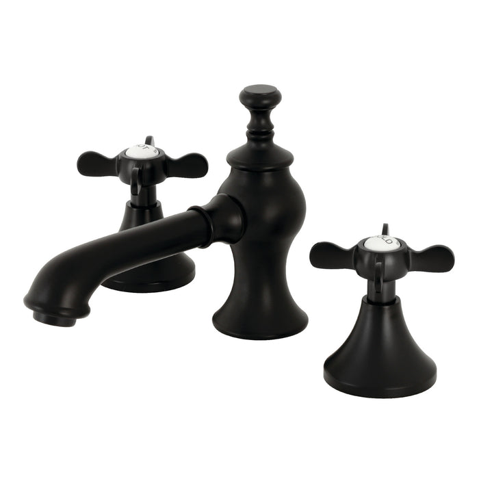 Kingston Tulare KC7060BEX - Essex Two-Handle 3-Hole Deck Mount Widespread Bathroom Faucet with Brass Pop-Up, Matte Black